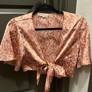 Pink Floral Tie Front Top size S
